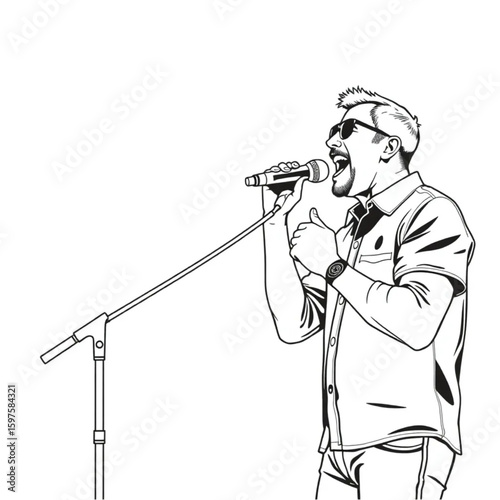 A singer belting a note at an outdoor microphone