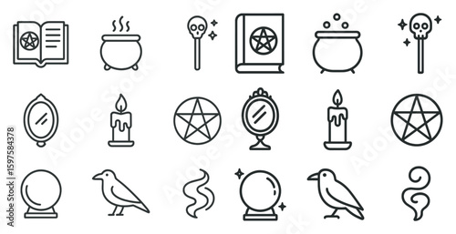Witchcraft and magic outline icons set – silhouette, line, spell and occult symbols