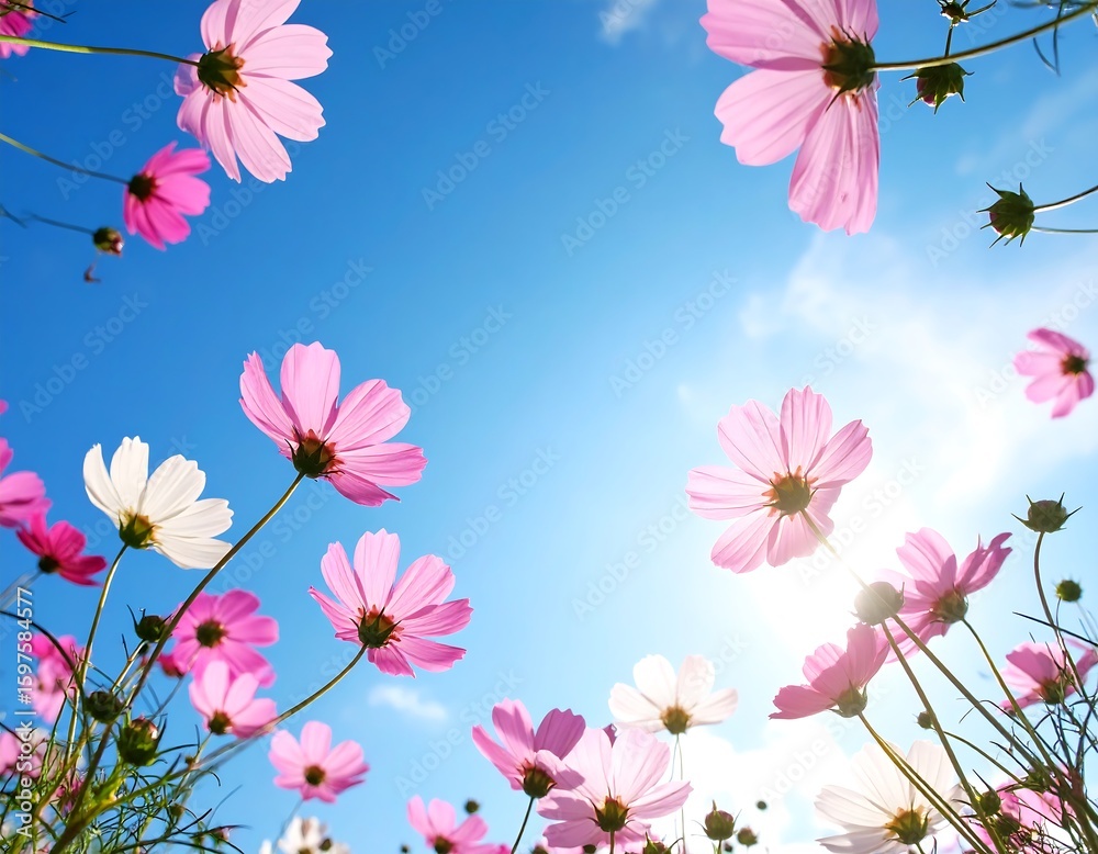 Naklejka premium Pink and white cosmos flowers against a vibrant blue sky