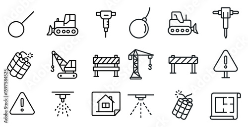Construction and safety icons set – linear, outline, warning and building symbols