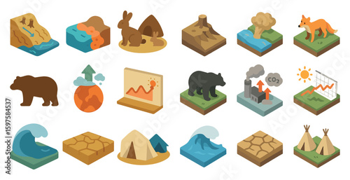 Environmental awareness isometric icons set – filled, eco, sustainability graphics