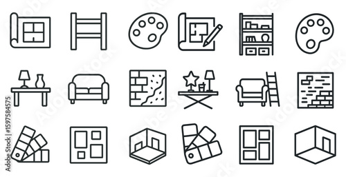 Interior design outline icons set – linear, decorating, home renovation symbols