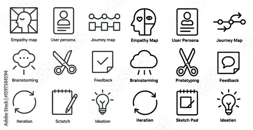 User experience outline icons set – brainstorming, feedback, design principles