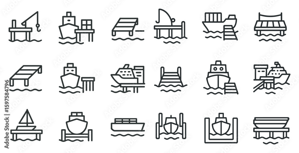 Fototapeta premium Wharf and pier linear icons set – outline, silhouette, harbor and dock symbols