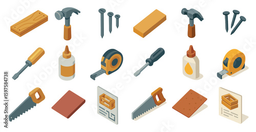 Carpentry tools isometric icons set – flat, woodworking, construction symbols