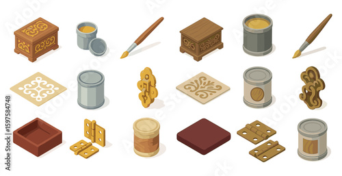 Woodworking tools isometric icons set – 3d, carpentry, crafting symbols