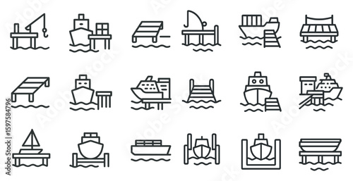Wharf and pier linear icons set – outline, silhouette, harbor and dock symbols