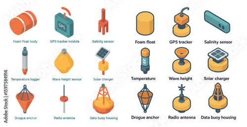 Marine equipment isometric icons set – ocean, aquatic, nautical illustrations