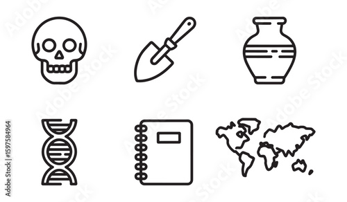 Skull D N A strand ancient vase trowel notebook and world map icons human skull bone