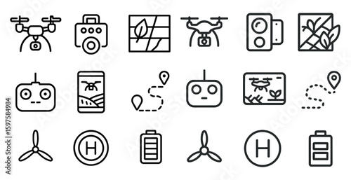Drone technology icons set – outline, linear, uav and aerial symbols