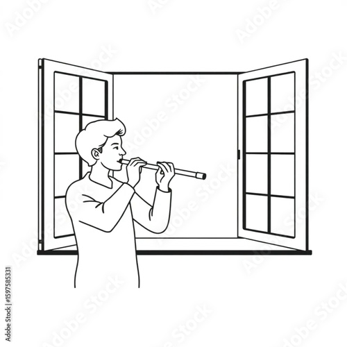 A flutist practicing scales by an open window