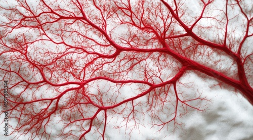 Red branching veins on white surface