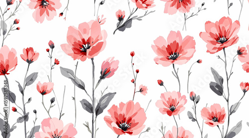 Beautiful seamless watercolour illustration wild blooming floral pattern, delicate flowers, pink, blue and light pink flowers, greeting card template on white background.
