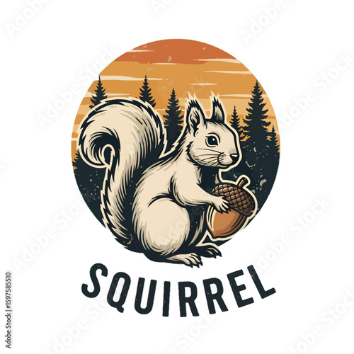 A charming illustration of a squirrel holding an acorn, set against a sunset forest backdrop.