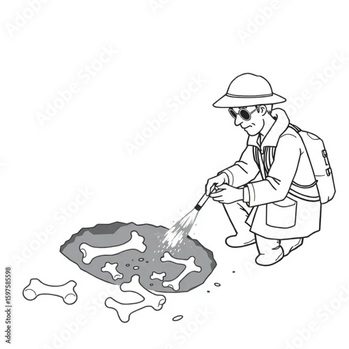A paleontologist dusting bones at a dig site
