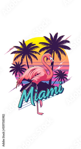 Retro graphic design featuring a flamingo and Miami skyline.