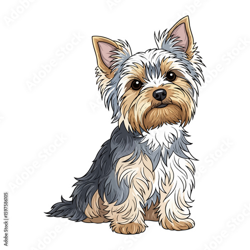 Yorkshire terrier vector, colored cartoon with line art and white background. AI generated image.