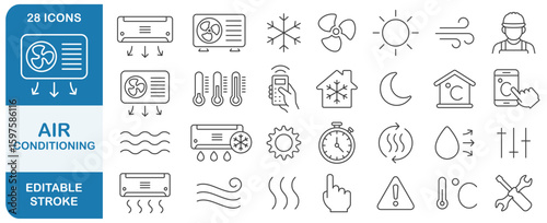 Air Conditioning editable stroke line icon symbol set. Air conditioner thin line icons collection. Air Conditioning outline icon pack. Vector illustration image. Isolated on white background.