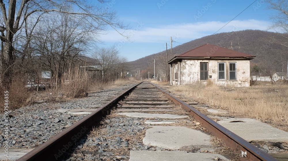 Obraz premium Abandoned train station, tracks extending into the distance