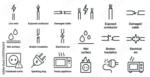 Electrical safety line icons set – outline, solid, hazard symbols and warning signs