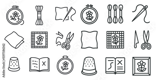 Embroidery line icons set – outline, needlework, stitching design symbols