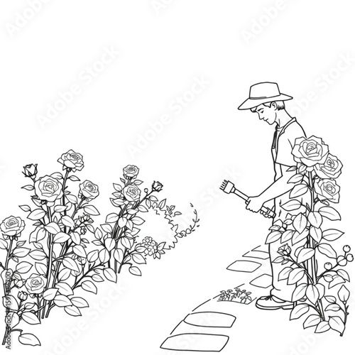 A gardener trimming rose bushes along a garden path