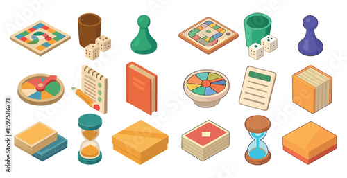 Board games isometric icons set – fun, strategy, leisure symbols collection