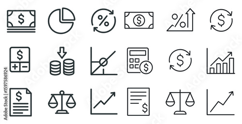 Finance and business outline icons set – simple, linear budget and analysis symbols