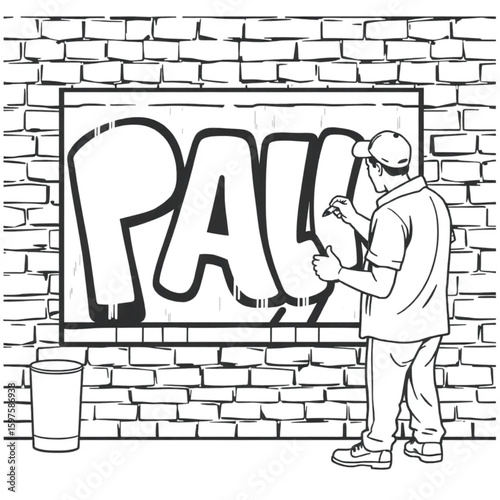 A painter adding final touches to a mural on a brick wall