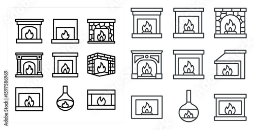 Fireplace outline icons set – linear, line, hearth and home warmth designs