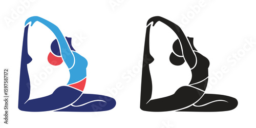 A stylized depiction of a person performing a yoga pose, showing flexibility and balance in both colored and silhouette forms.