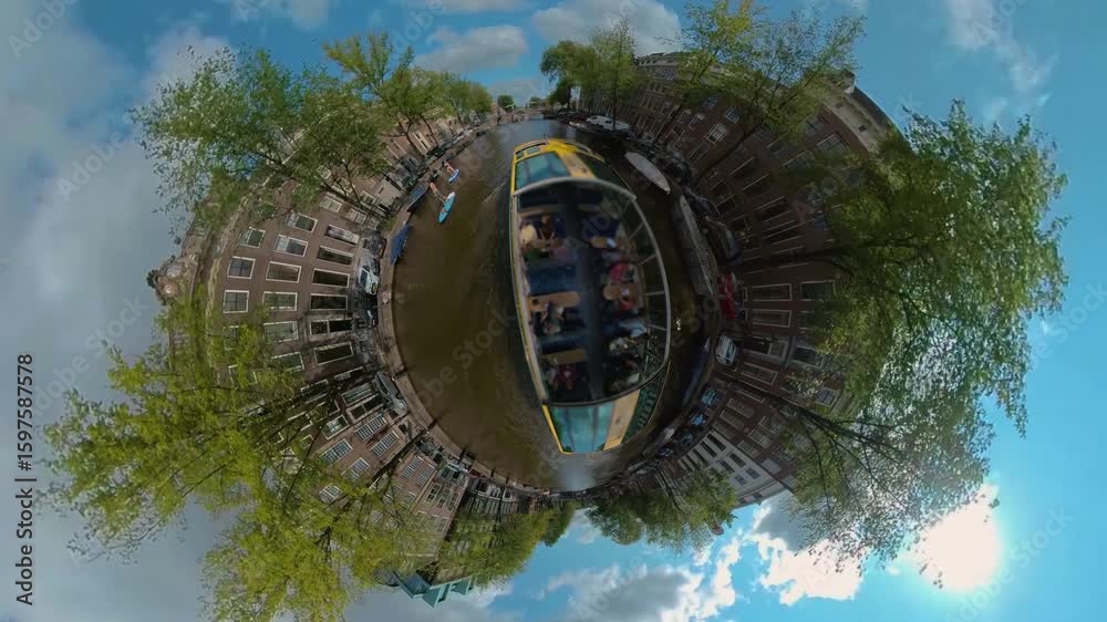 Little Planet format of boat ride in Amsterdam on a sunny day in summer around the canals.