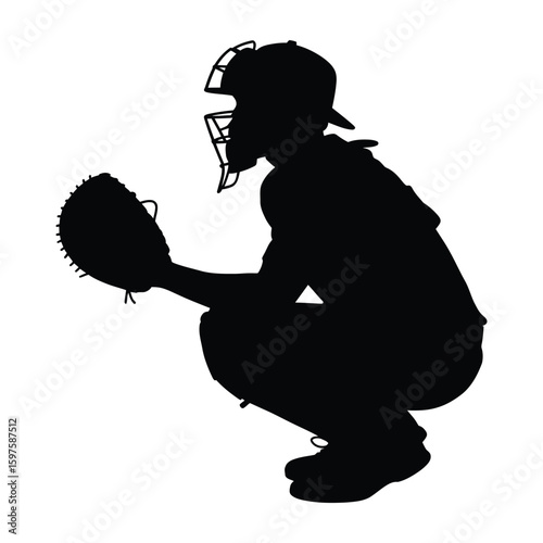 Catcher Squatting Silhouette, Vector, Illustration, Outline, Line Art, Icon, White Background.