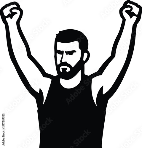 Silhouette bearded man celebrating victory with raised arms vector Illustrator