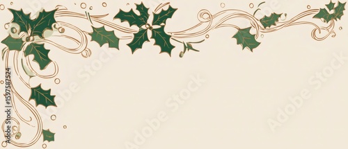 Elegant art nouveau christmas holly border flowing with organic lines