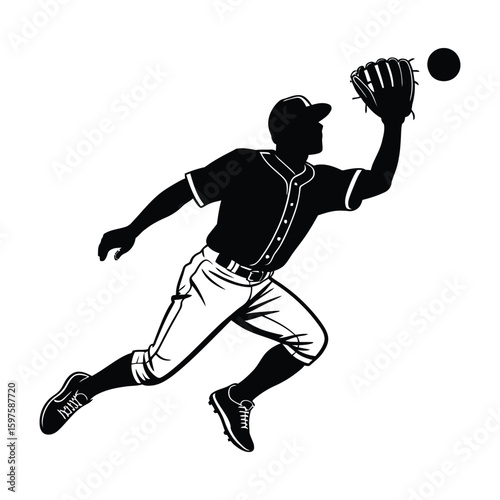 Fielder Catching Fly Ball Silhouette, Vector, Illustration, Outline, Line Art, Icon, White Background.