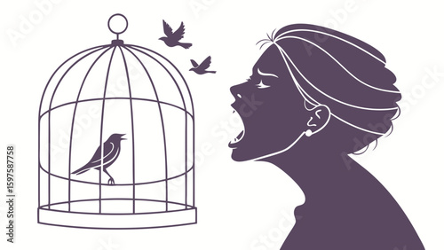 Woman Shouting at Caged Bird in Graphic Illustration, Concept of Freedom