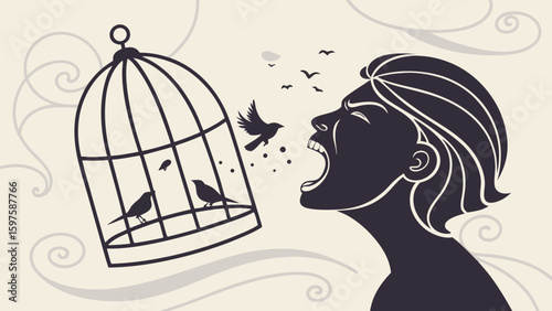 Expressive Action of a Woman, Confronting Freedom, with Birds in a Cage, Illustration, Dreamy Environment, Side View, Emotional Release Concept