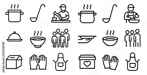 Cooking and kitchen outline icons set – line, flat, culinary symbols