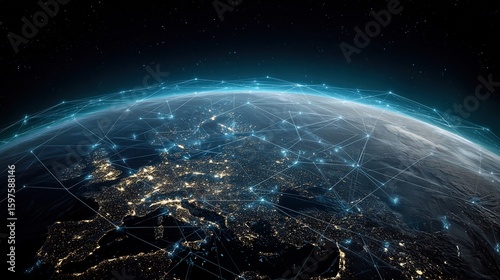 Earth at Night with Glowing Blue Teal Grid Network Connecting Global Cities, Technology Connectivity Concept for Backgrounds and Presentations