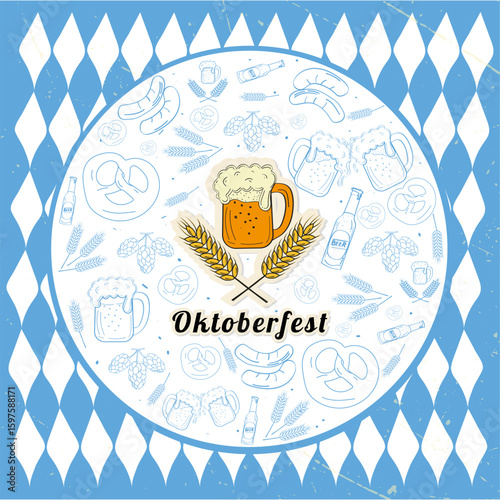 Oktoberfest vector illustration with beer, pretzels, and Bavarian elements. Perfect for festive designs and promotional materials.