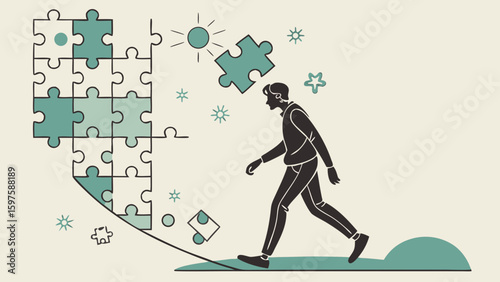 A Man Navigates Puzzle Pieces of Life's Journey in a Creative Environment