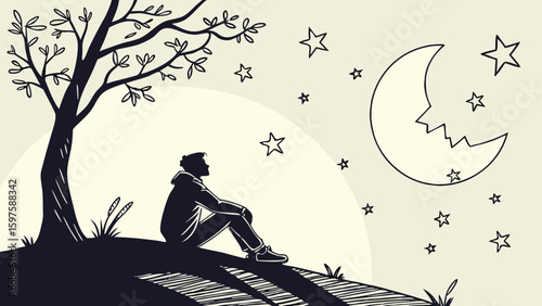 A Young Man's Reflection by a Tree in a Serene Night Landscape Illustration