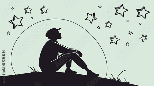 A Person Gazing at Stars in a Serene Landscape, Artistic Illustration of Dreams and Reflection