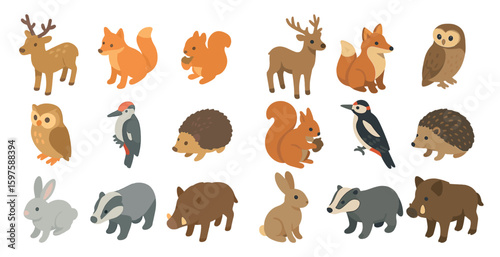 Woodland animals icons set – filled, flat, forest and wildlife illustrations