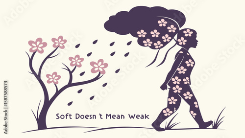 Female Figure in Floral Design Walking Amidst Nature's Elements with a Message of Strength and Resilience