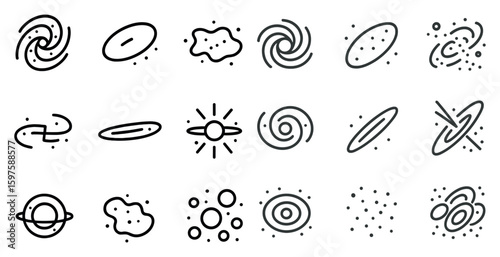 Space and astronomy icons set - outline, cosmic, celestial symbols for exploration