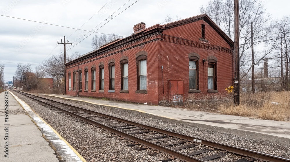 Obraz premium Old red brick train station, tracks and platform