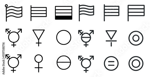 Lgbtq and gender symbols line icons set – outline, linear, diversity and inclusivity designs
