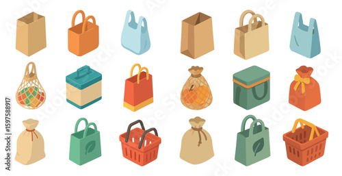 Shopping and retail icons set – isometric, bags, eco-friendly design symbols